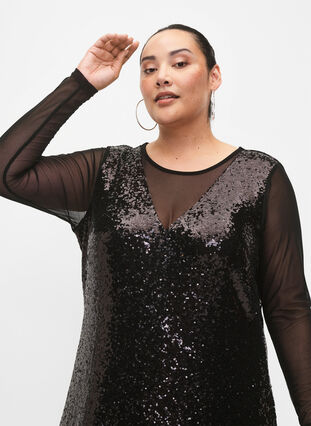 A-line sequin dress with long sleeves, Black, Model image number 2