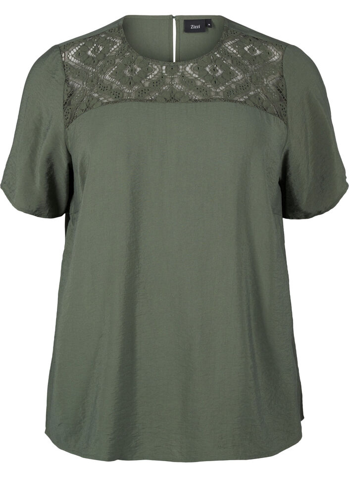 Short-sleeved viscose blouse with lace detail, Thyme, Packshot image number 0