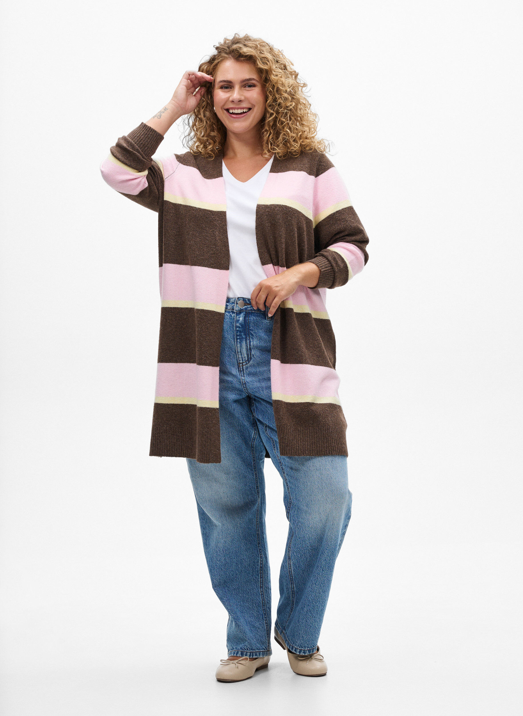 Zizzifashion Long knit cardigan with wide stripes, Brown, Model image number 1