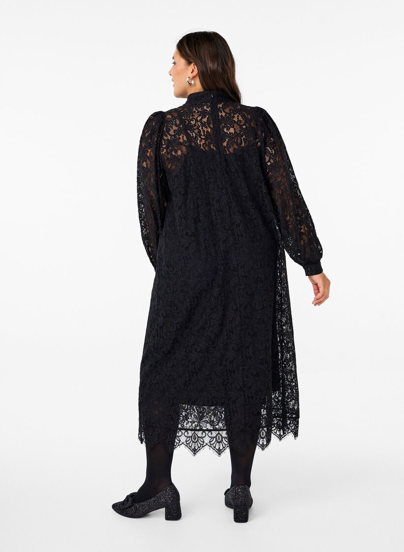 Long-sleeved lace dress with high neck, Black, Model image number 1