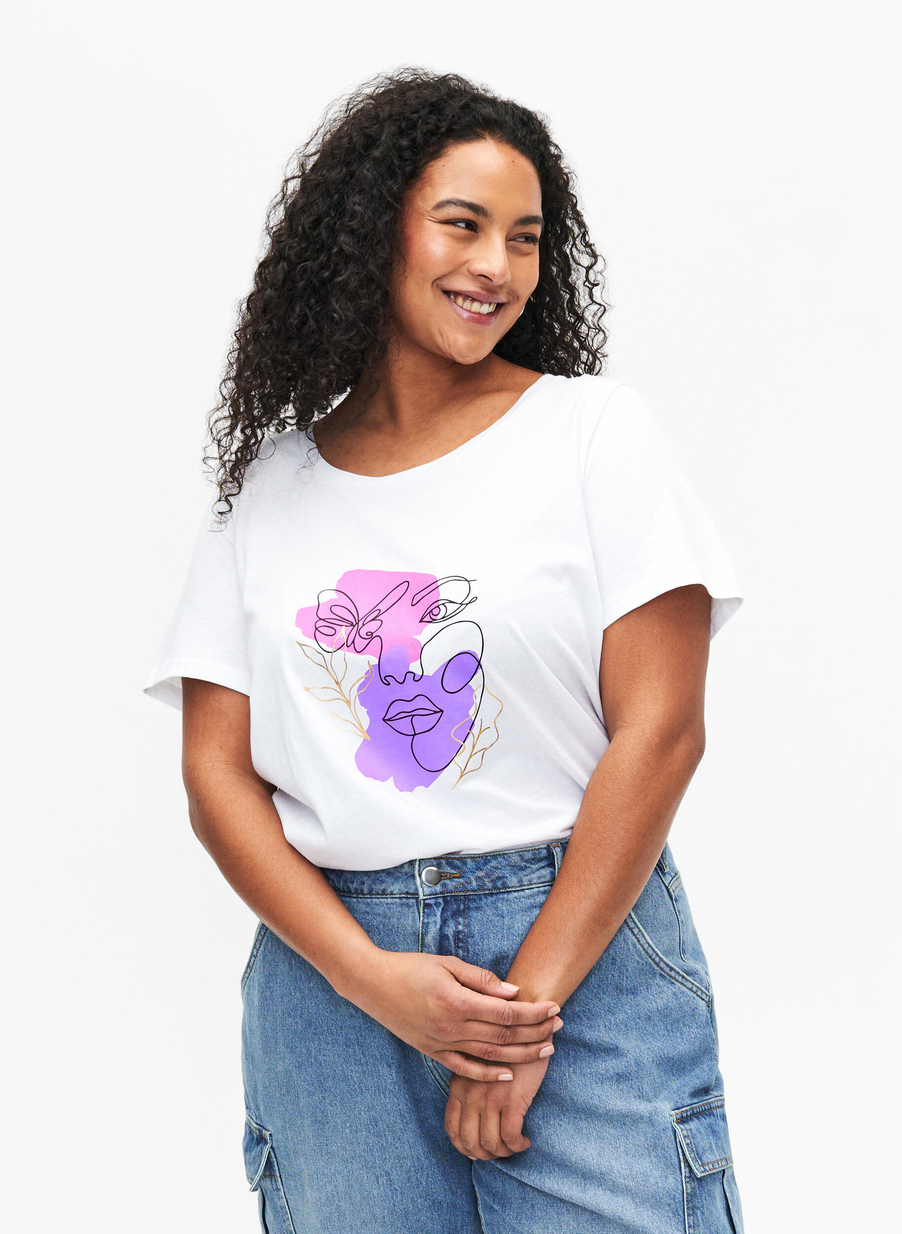 Zizzifashion Cotton T-shirt with a motif, B. White w. Face, Model image number 0