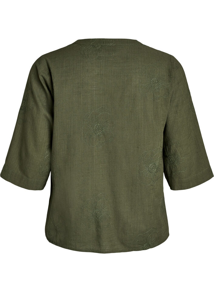 Cotton blouse with embroidered details and 3/4 sleeves, Green, Packshot image number 1