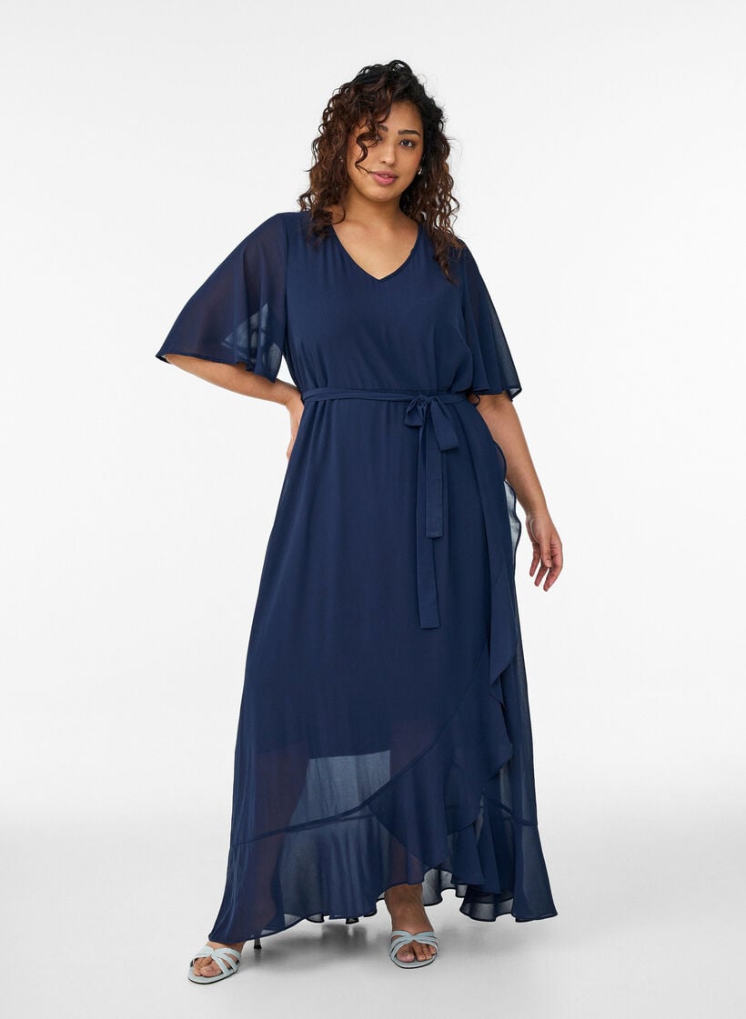 Chiffon maxi dress with a V-neck and ruffle hem, Blue, Model image number 0