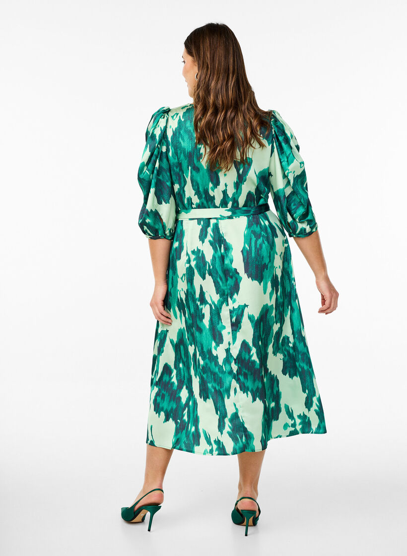 Short-sleeved party dress with tie-belt, Green, Model image number 1