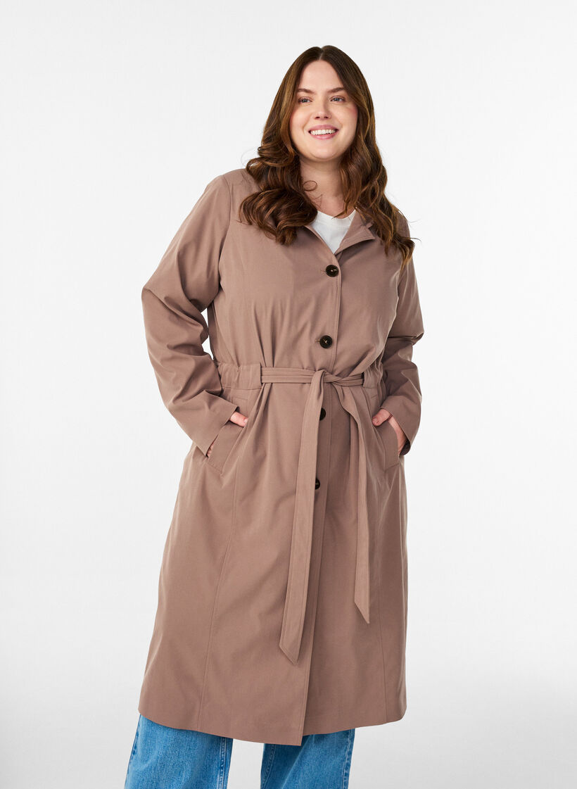 Trench coat with hood and tie belt, Brown, Model image number 0