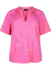 Short-sleeved viscose blouse with v-neck