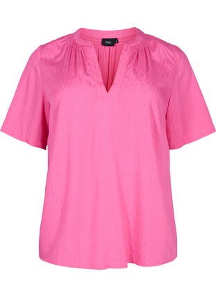 Short-sleeved viscose blouse with v-neck, Shocking Pink, Packshot image number 0