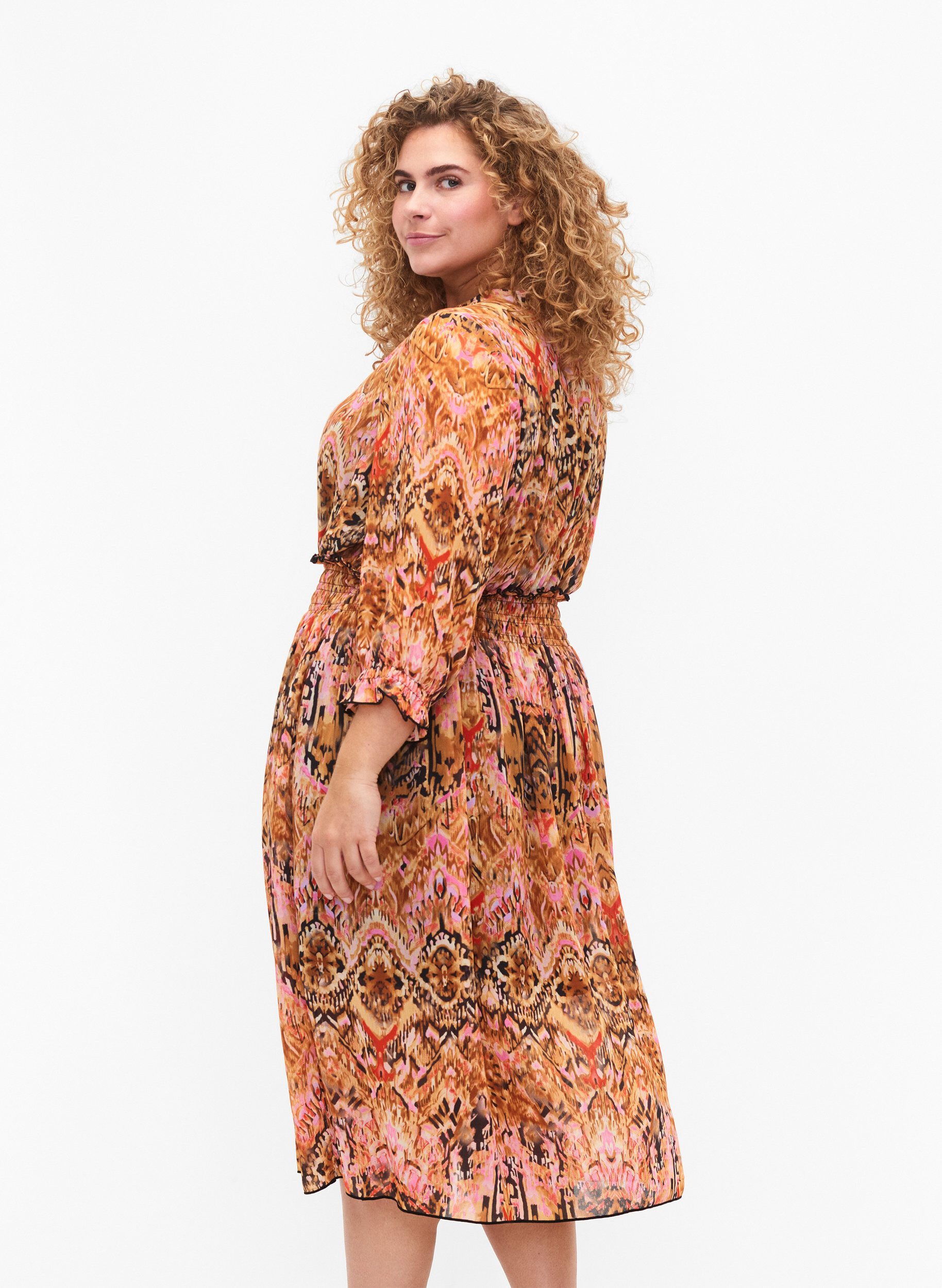 Zizzifashion Printed midi dress with smock and 3/4 sleeves, Colorful Ethnic, Model image number 1