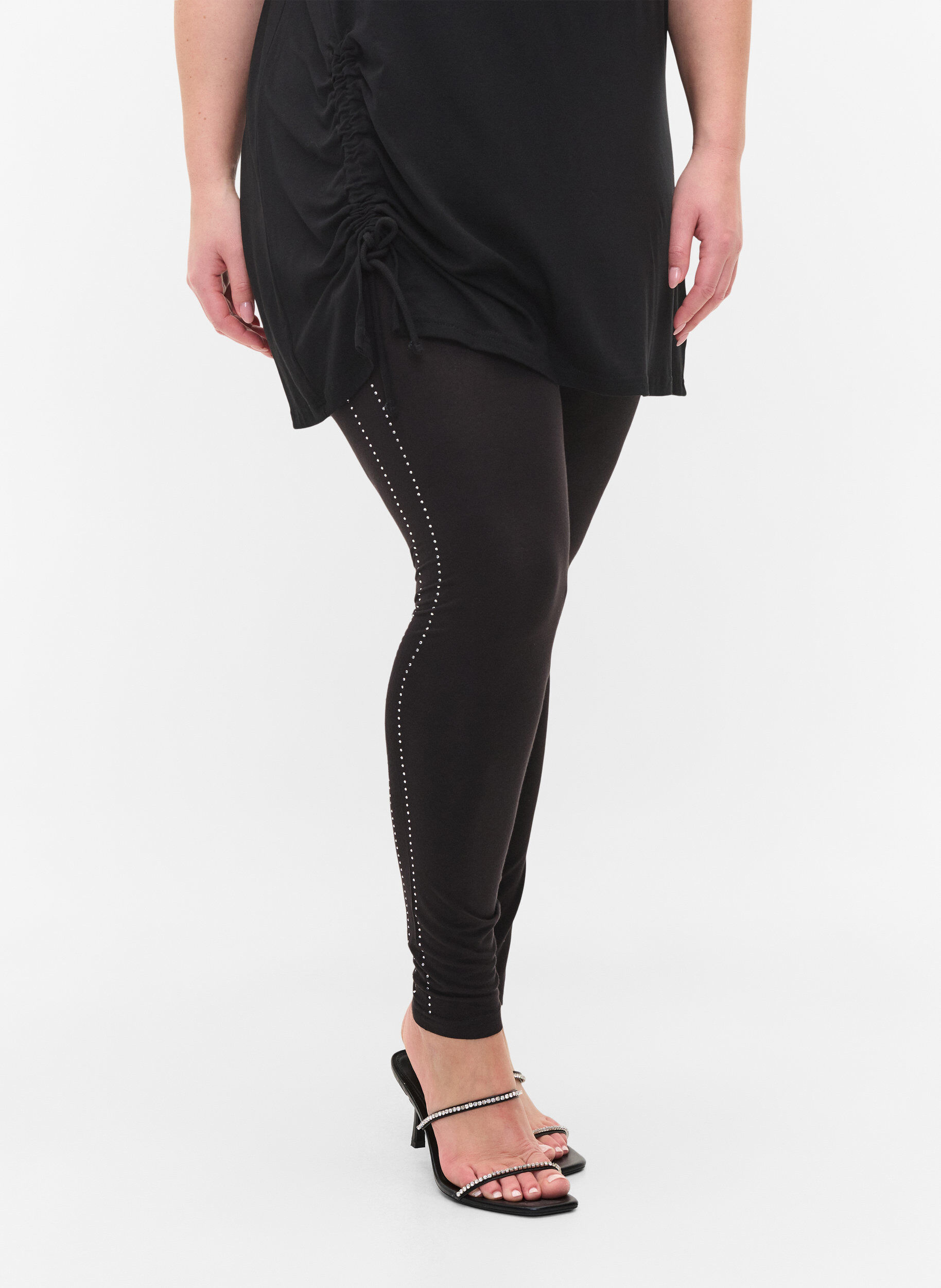 Zizzifashion Viscose leggings with stones on the side, Black, Model image number 2