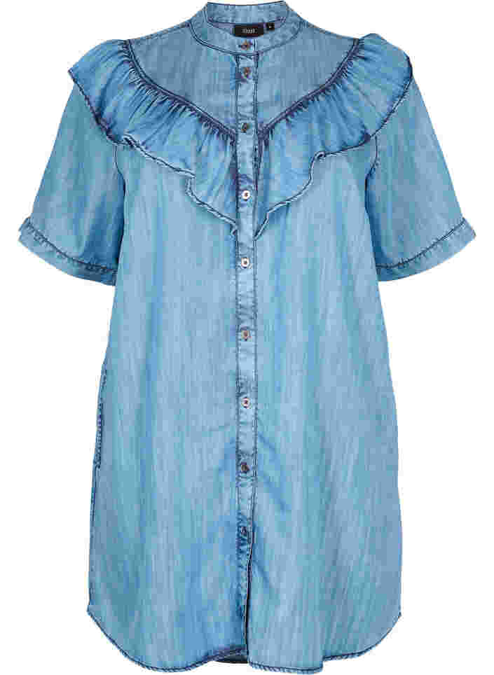 Short-sleeved ruffle denim dress, Blue denim, Packshot image number 0