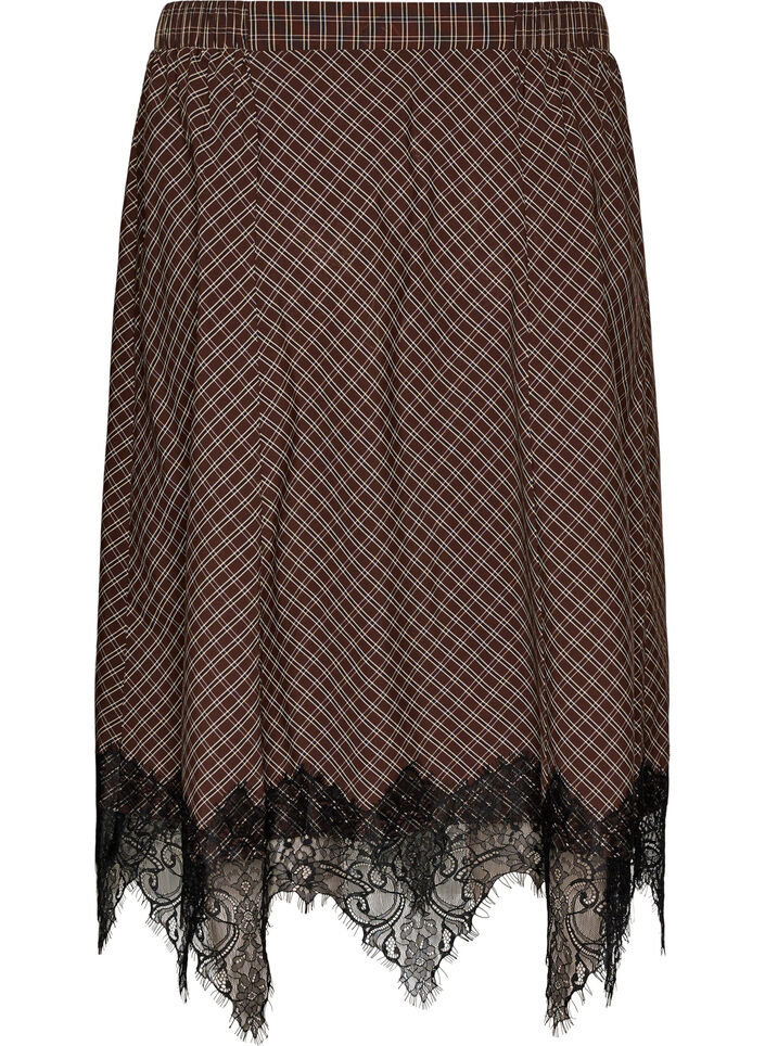 Midi skirt with lace trim and check pattern, Brown, Packshot