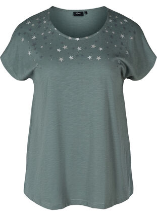 Short-sleeved cotton t-shirt with starts, Balsam Green STARS, Packshot image number 0