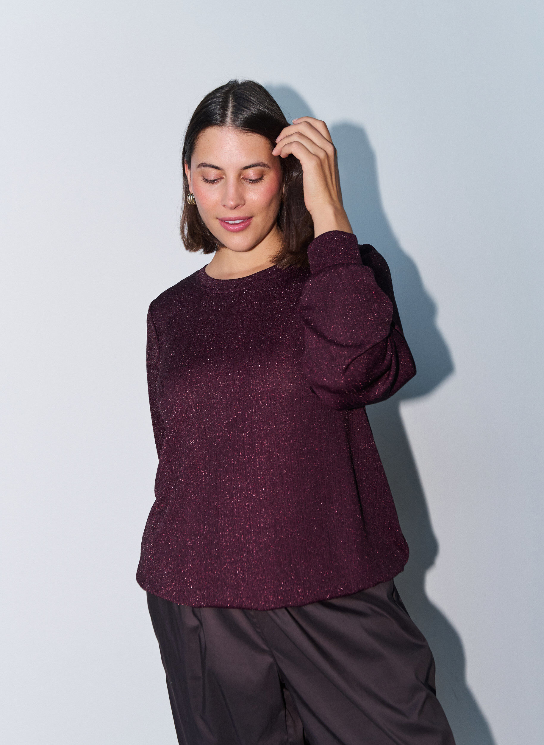 ZizzifashionBlouse with vertical texture and glitter thread, Red, Model image number 0