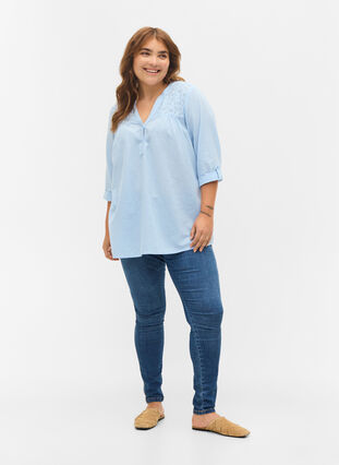 Cotton blouse with lace details, Chambray Blue, Model image number 2