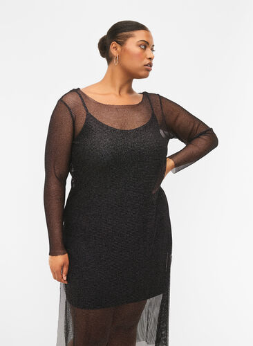 Net dress with long sleeves, Black w. Silver, Model image number 2