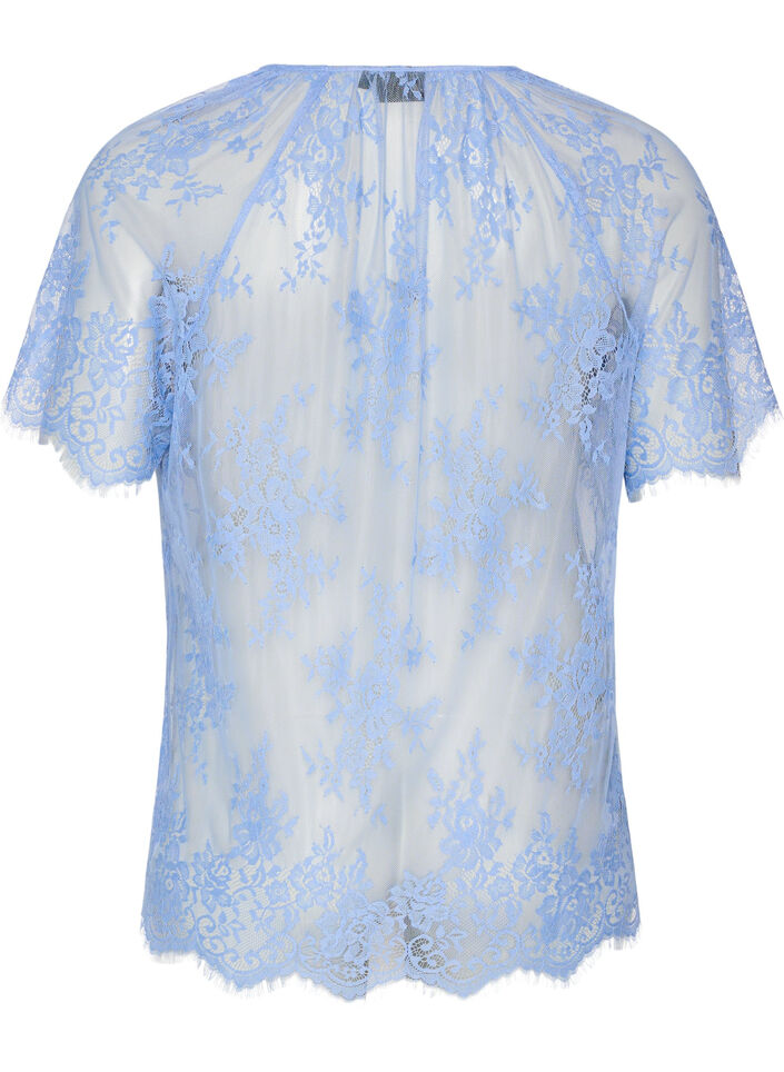 Short-sleeved lace blouse with tie-fastening, Purple, Packshot image number 1