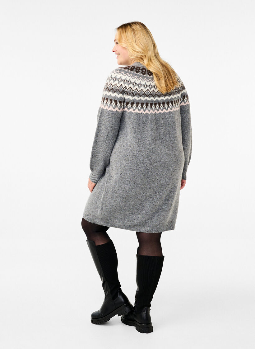 Knitted dress with jacquard pattern and long sleeves, Medium Grey Comb, Model image number 1
