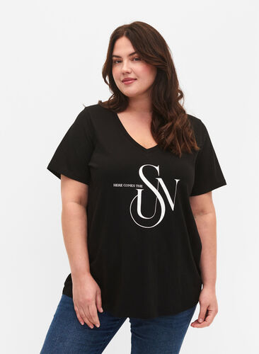 Cotton t-shirt with print, Black SUN, Model image number 0