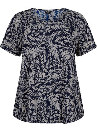 FLASH - Blouse with short sleeves and print, Off White Blue Leaf, Packshot image number 0