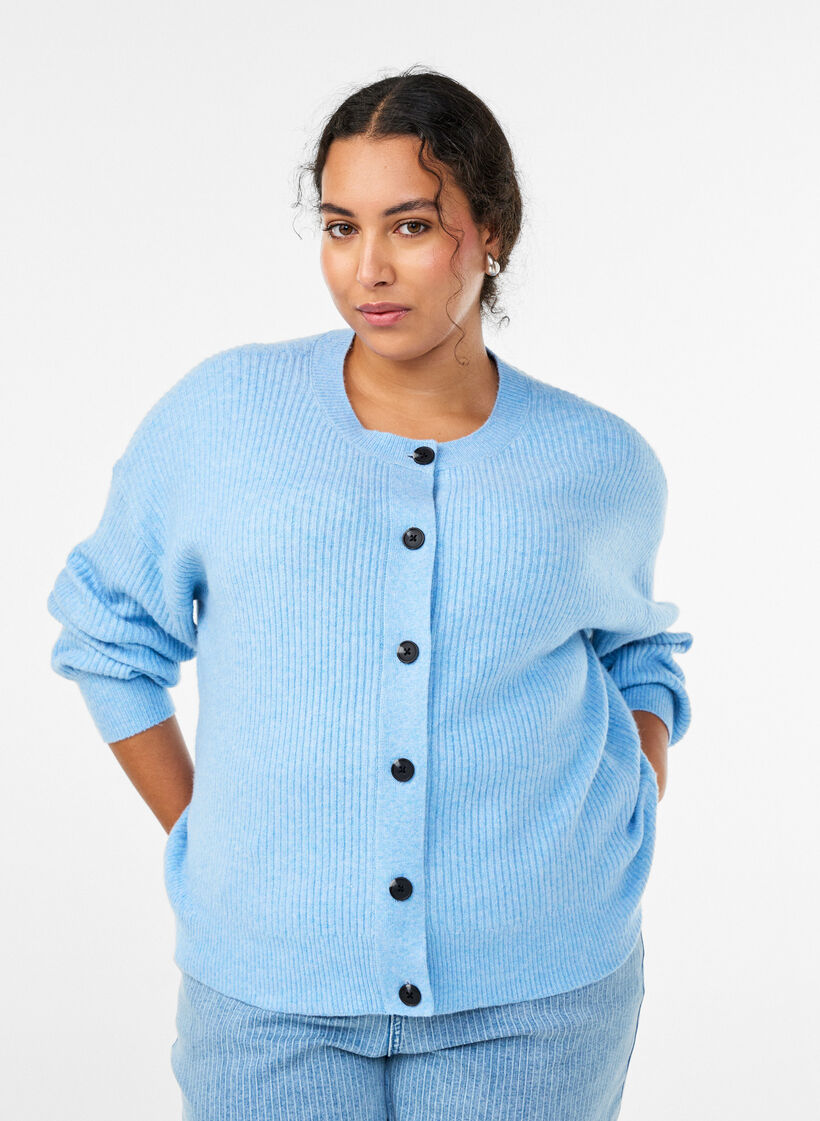 Ribbed cardigan with buttons, Light Blue, Model image number 0