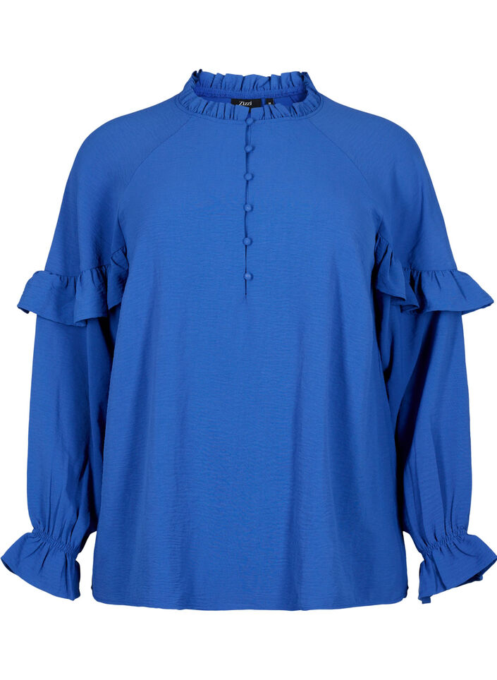 Blouse with ruffles and buttons, Deep Ultramarine, Packshot image number 0