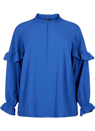 Blouse with ruffles and buttons, Deep Ultramarine, Packshot image number 0