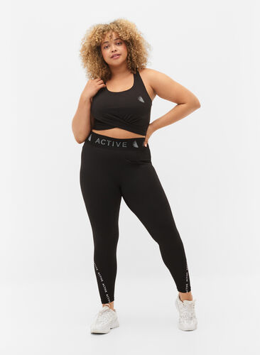Cropped sport tights with text print, Black, Model image number 0