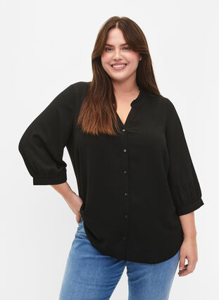 Shirt blouse with 3/4 sleeves and ruffle collar, Black, Model image number 0