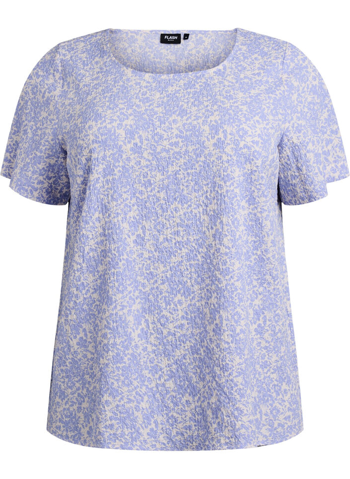 FLASH - Short-sleeved blouse with texture, Blue, Packshot image number 0