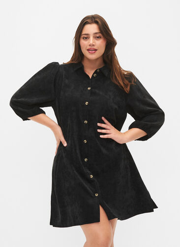 Corduroy dress with 3/4 sleeves and buttons, Black, Model image number 0