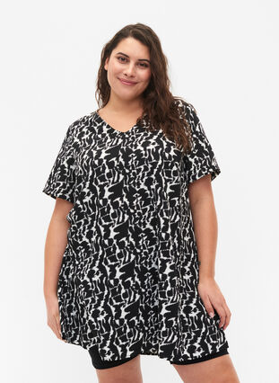 FLASH - Tunic with v neck and print, Black White AOP, Model image number 0