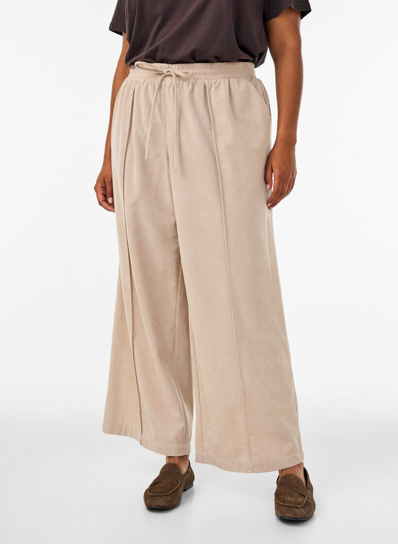 Corduroy trousers with wide legs and a high waist, Beige, Model image number 2