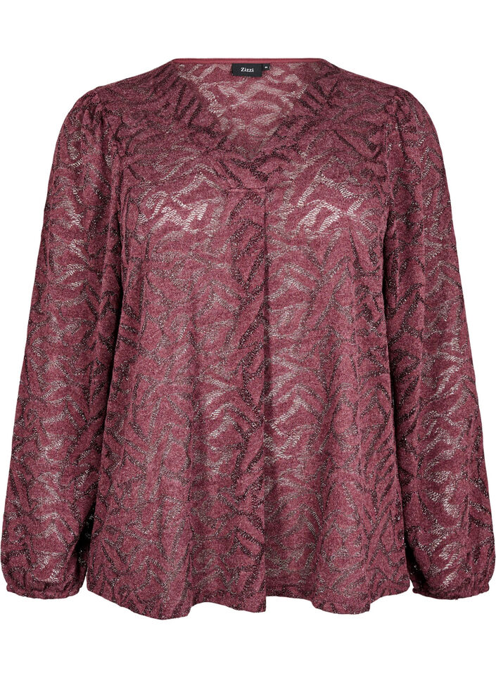 Long-sleeved blouse with glitter and pattern, Red, Packshot image number 0