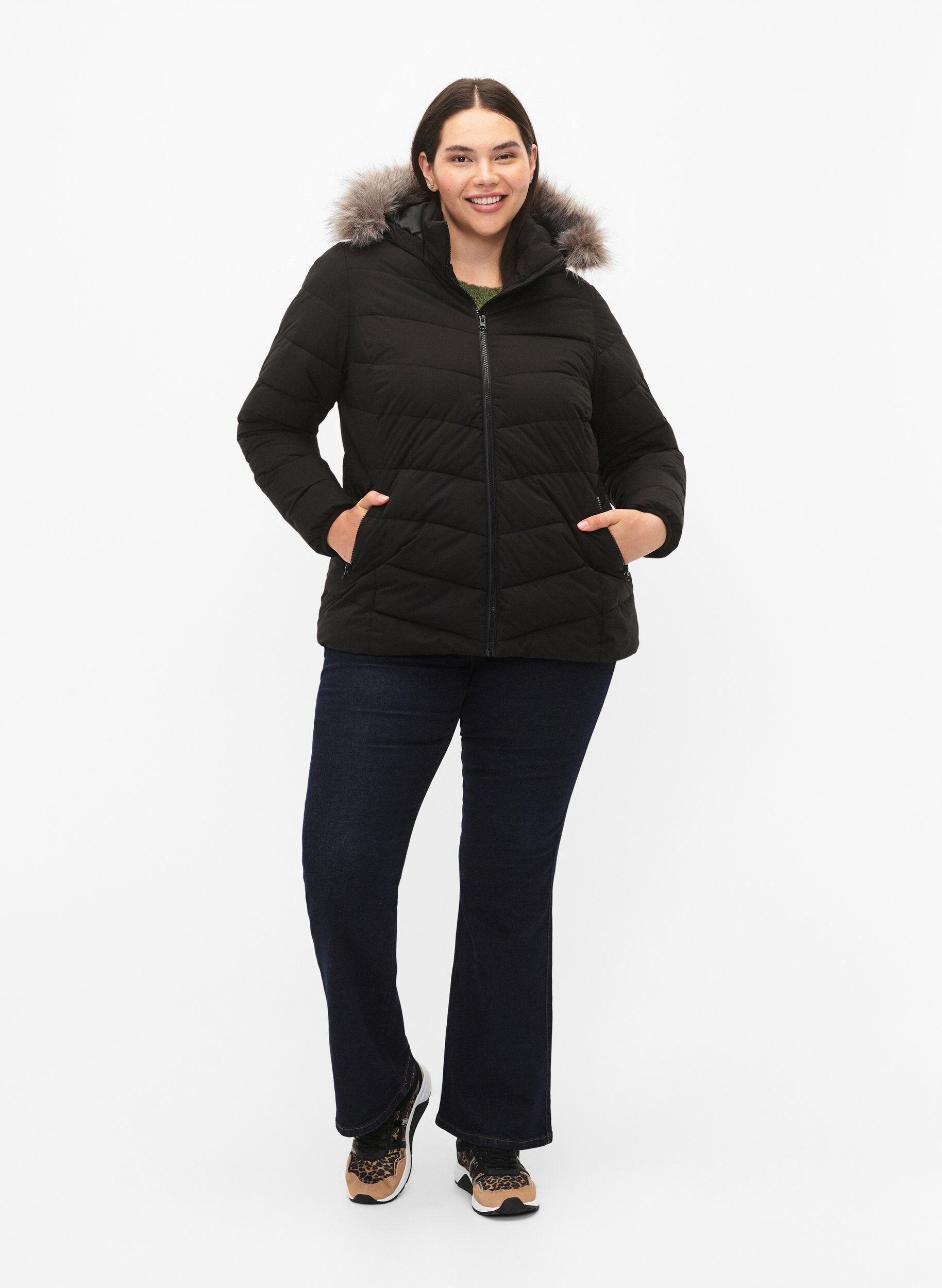 ZizzifashionShort puffer jacket with hood, Black, Model image number 1