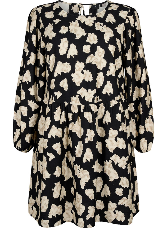 Long-sleeved dress with print and bows, Black, Packshot image number 0