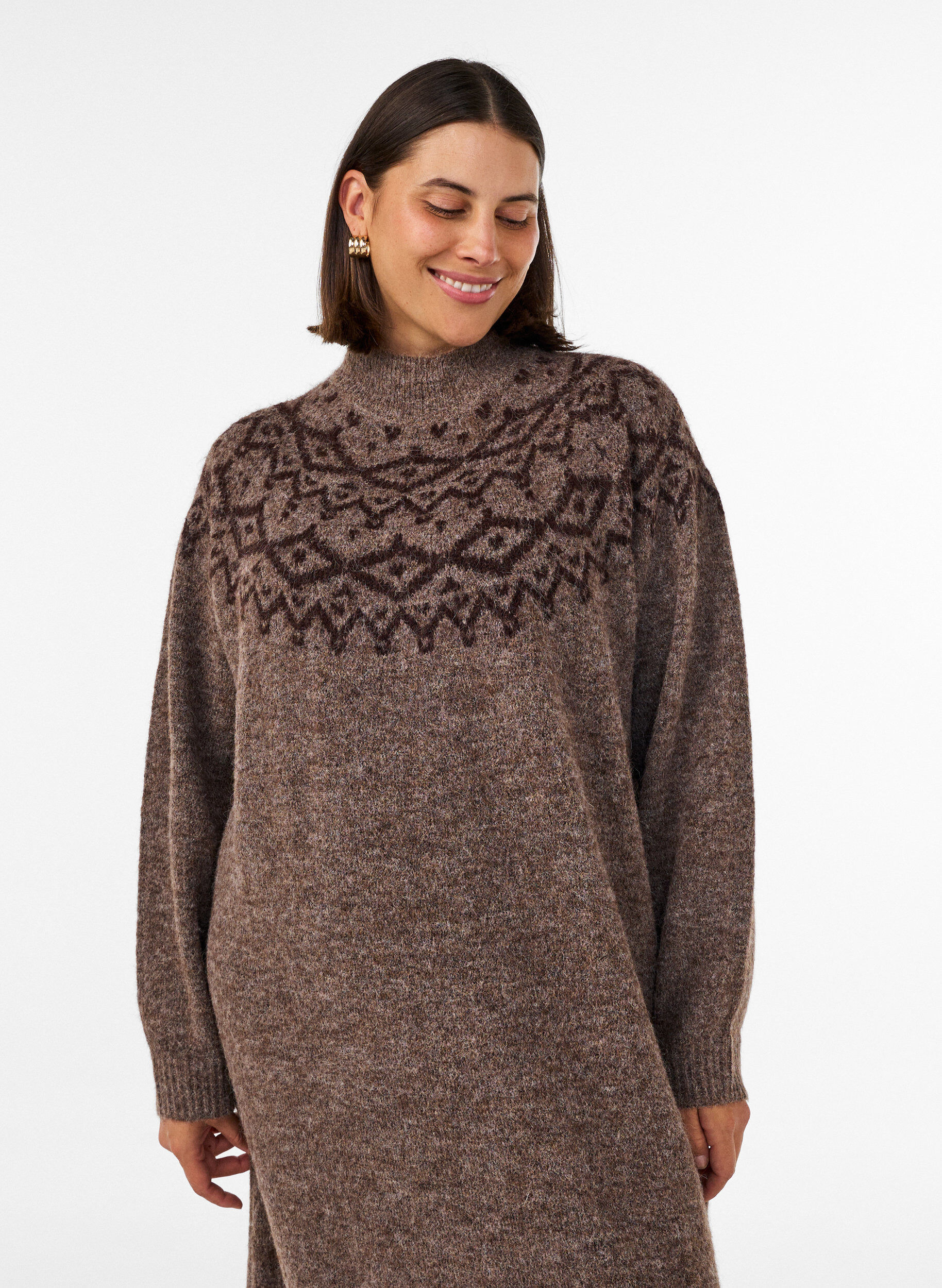 ZizzifashionKnitted dress with jacquard pattern, Brown, Model image number 3
