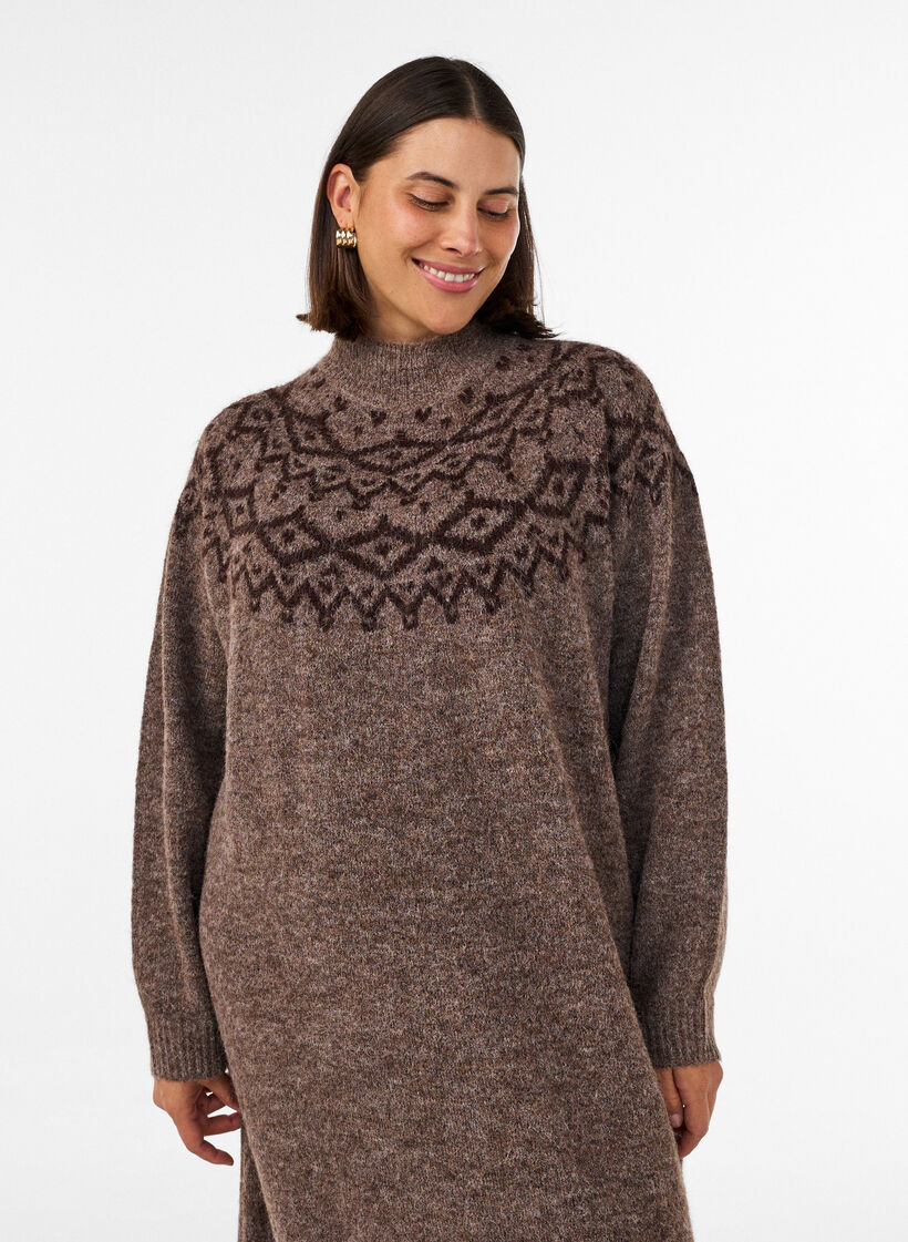 Knitted dress with jacquard pattern, Brown, Model image number 3
