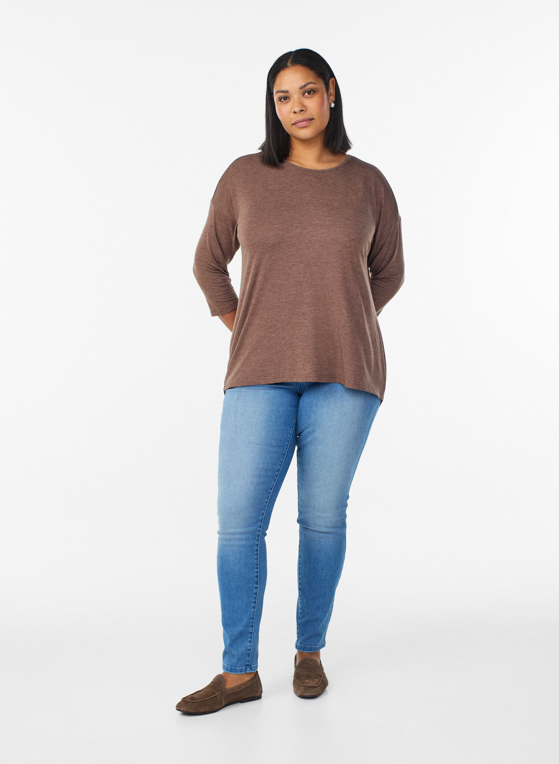 ZizzifashionJersey blouse with 3/4 sleeves, Brown, Model image number 1