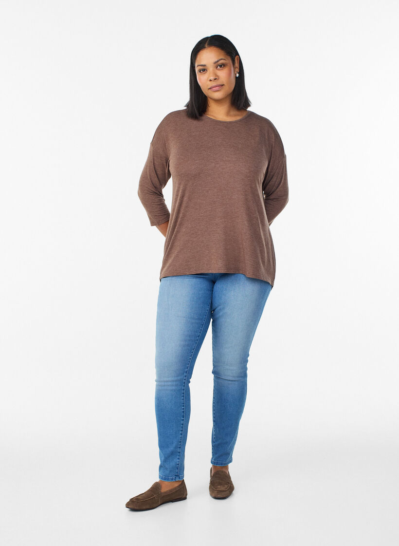 Jersey blouse with 3/4 sleeves, Brown, Model image number 1