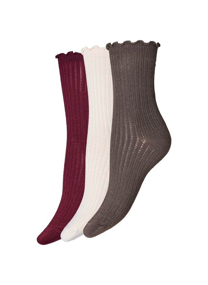 3-pack of ribbed socks with a wavy edge, Brown, Packshot image number 0