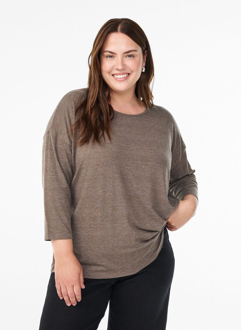 Jersey blouse with 3/4 sleeves, Brown, Model image number 0