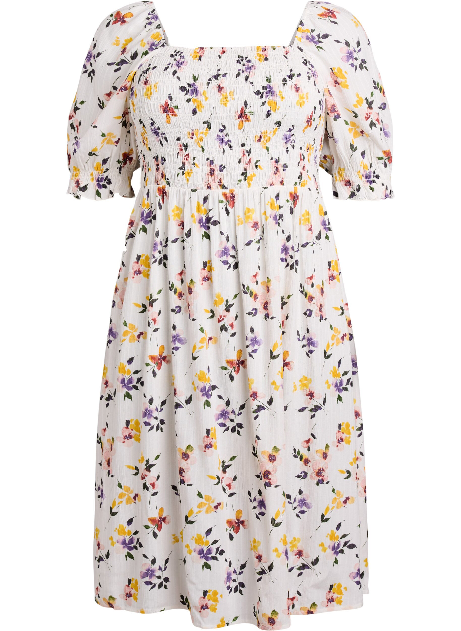 ZizzifashionFloral viscose midi dress with smock, White, Packshot image number 0