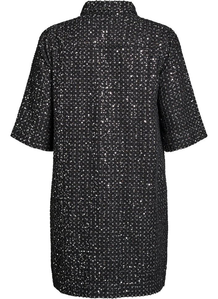Denim dress with sequins and 3/4 sleeves, Black, Packshot image number 1