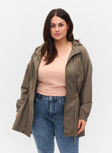 Long parka jacket with a hood and pockets, Bungee Cord , Model image number 0