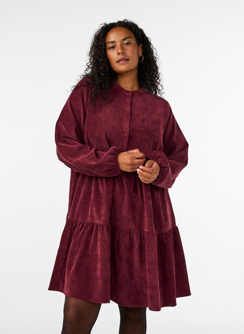 Corduroy dress with A-line shape and stand collar, Red, Model image number 0