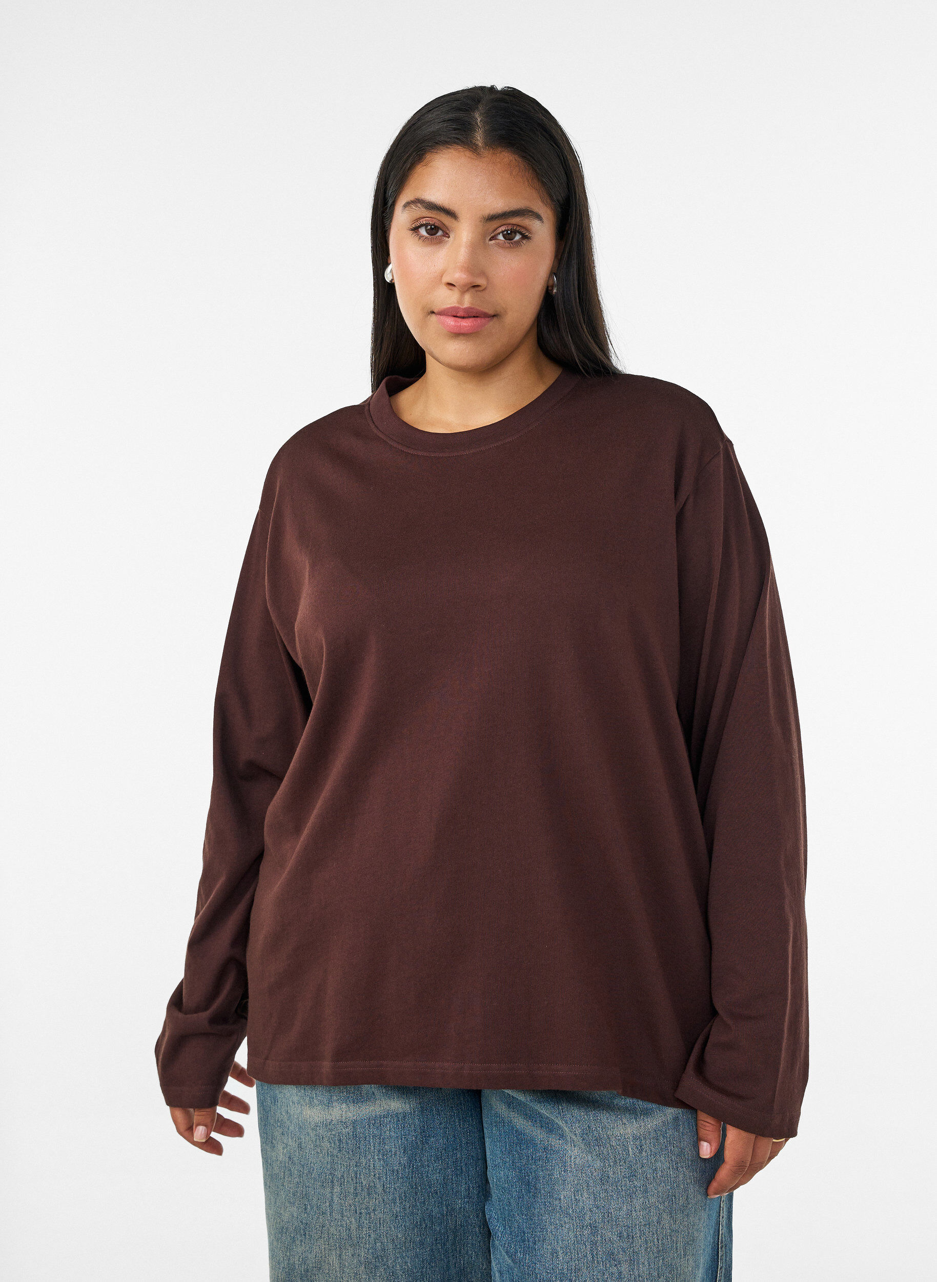 Basic t-shirt with long sleeves, Brown, Model