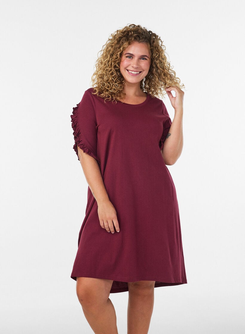 Nightgown in organic cotton with ruffle sleeves, Red, Model image number 0