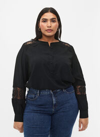 Viscose blouse with crocheted details, Black, Model