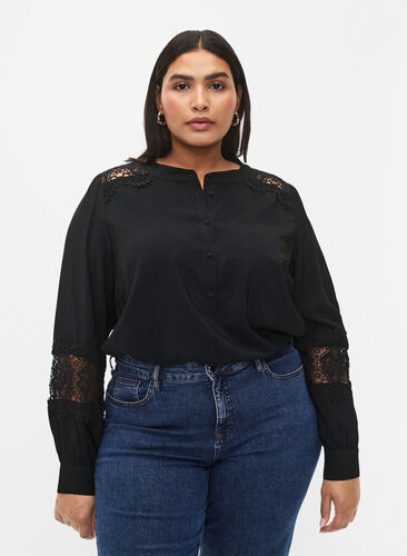 Viscose blouse with crocheted details, Black, Model image number 0