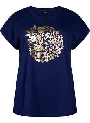Organic cotton T-shirt with gold print, Med.Blue Gold Flower, Packshot image number 0